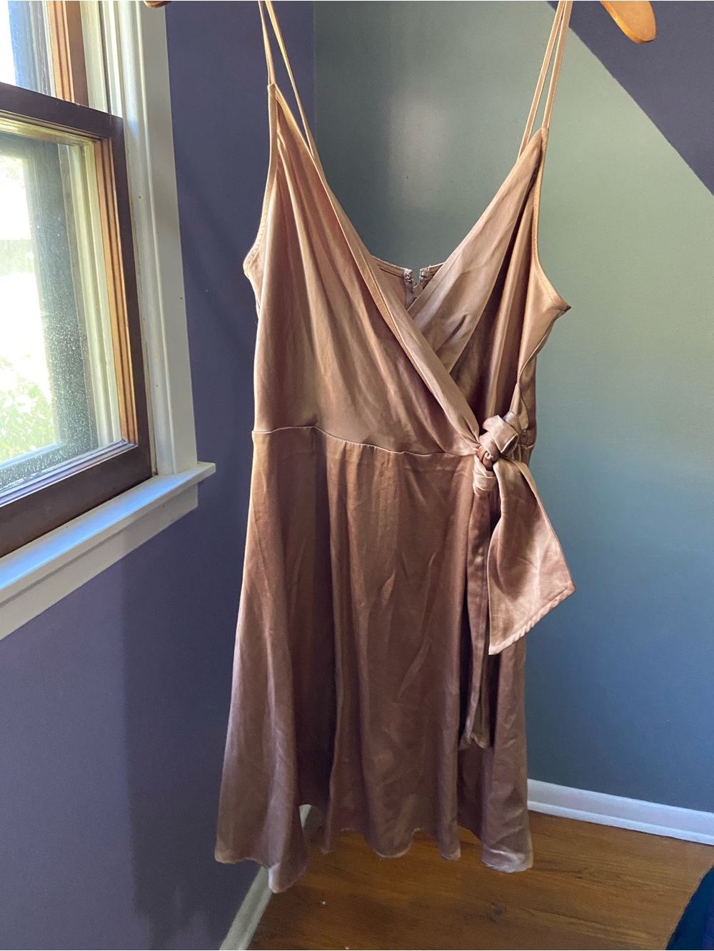 Express Satin Strapless Wrap Dress in Taupe